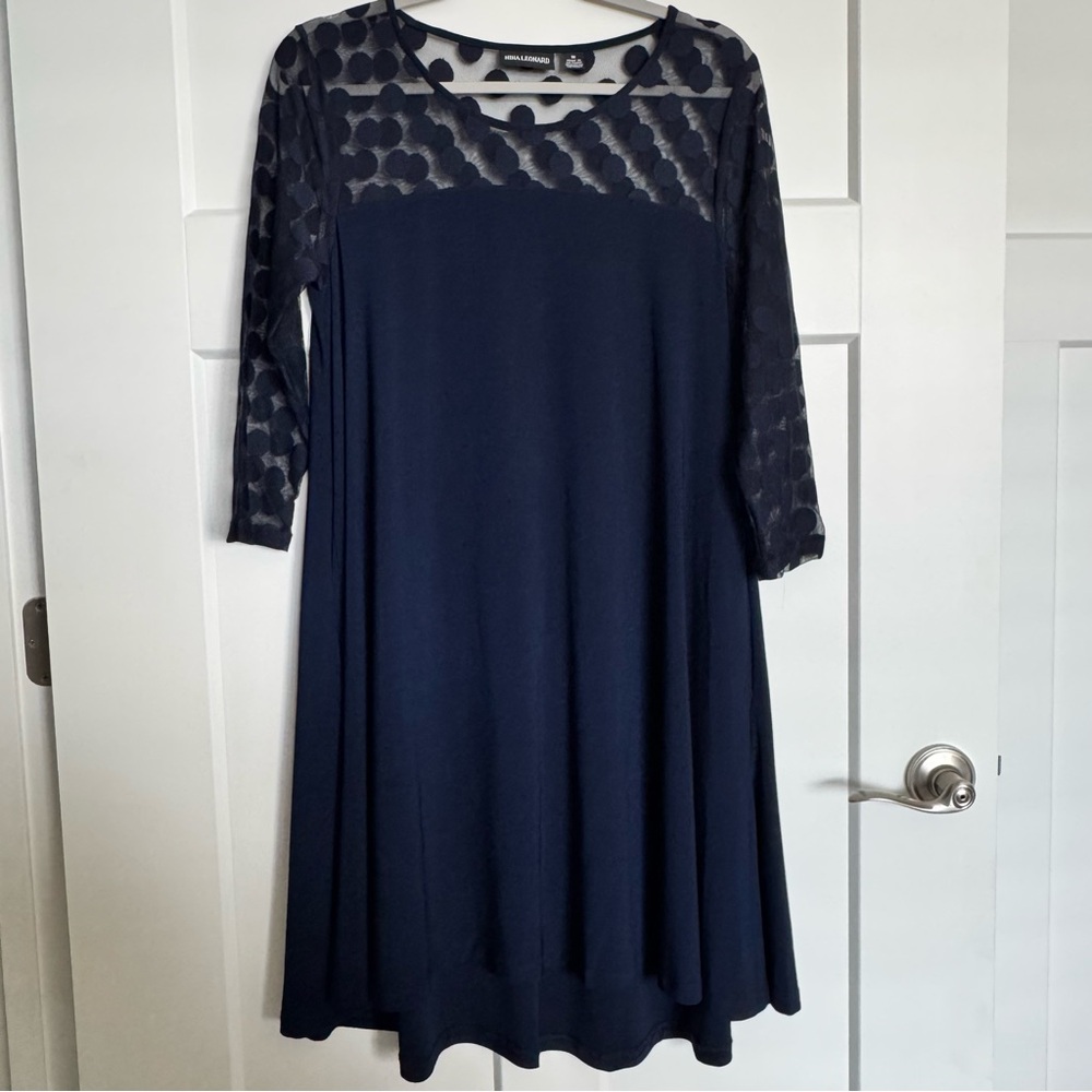 Nina Leonard Navy Blue 3/4 Sleeve Polka Dot Mesh Yoke Swing Dress Size M